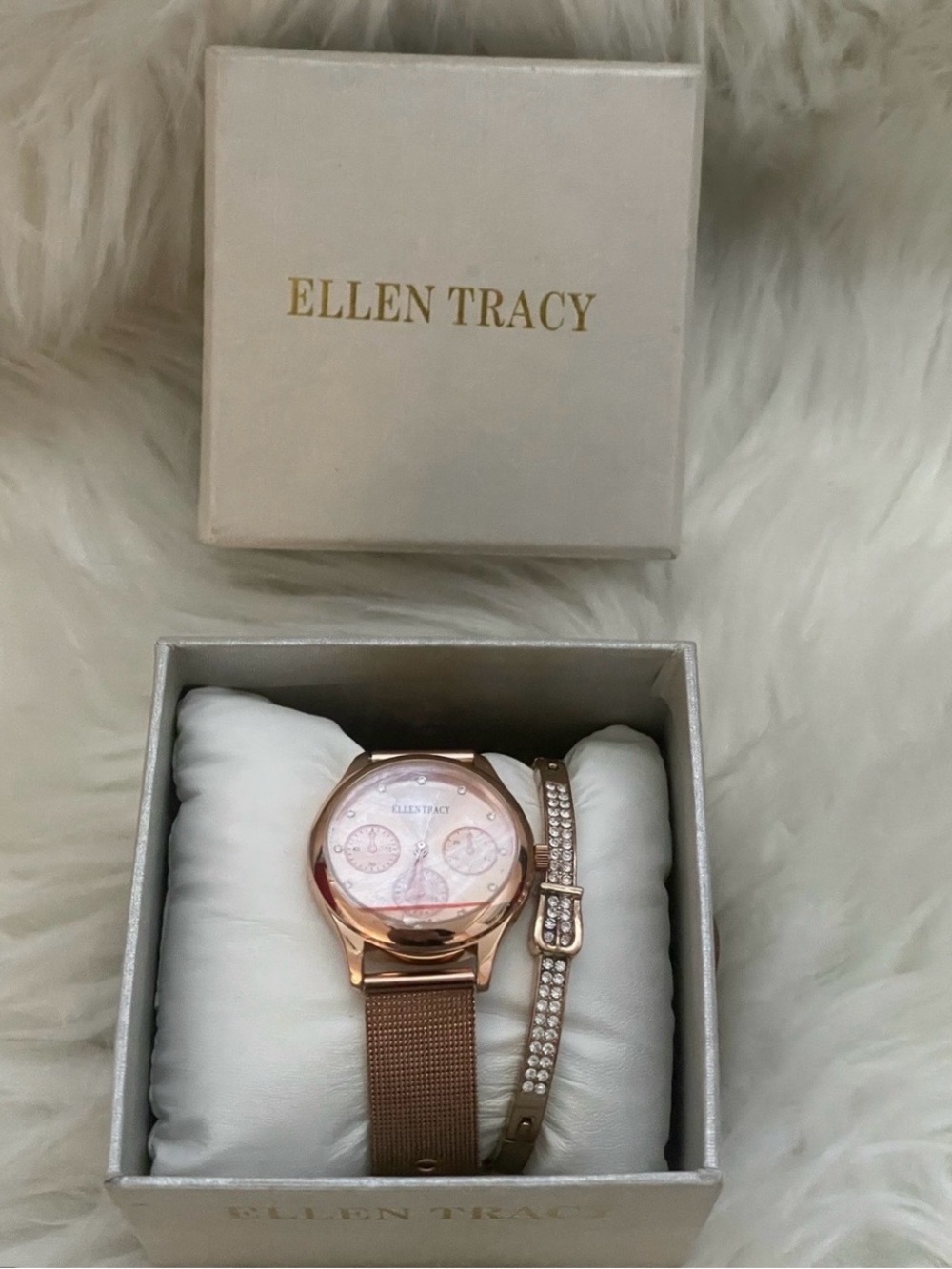 Ellen Tracy Rose Gold Watch with Crystal Accent Bracelet Set